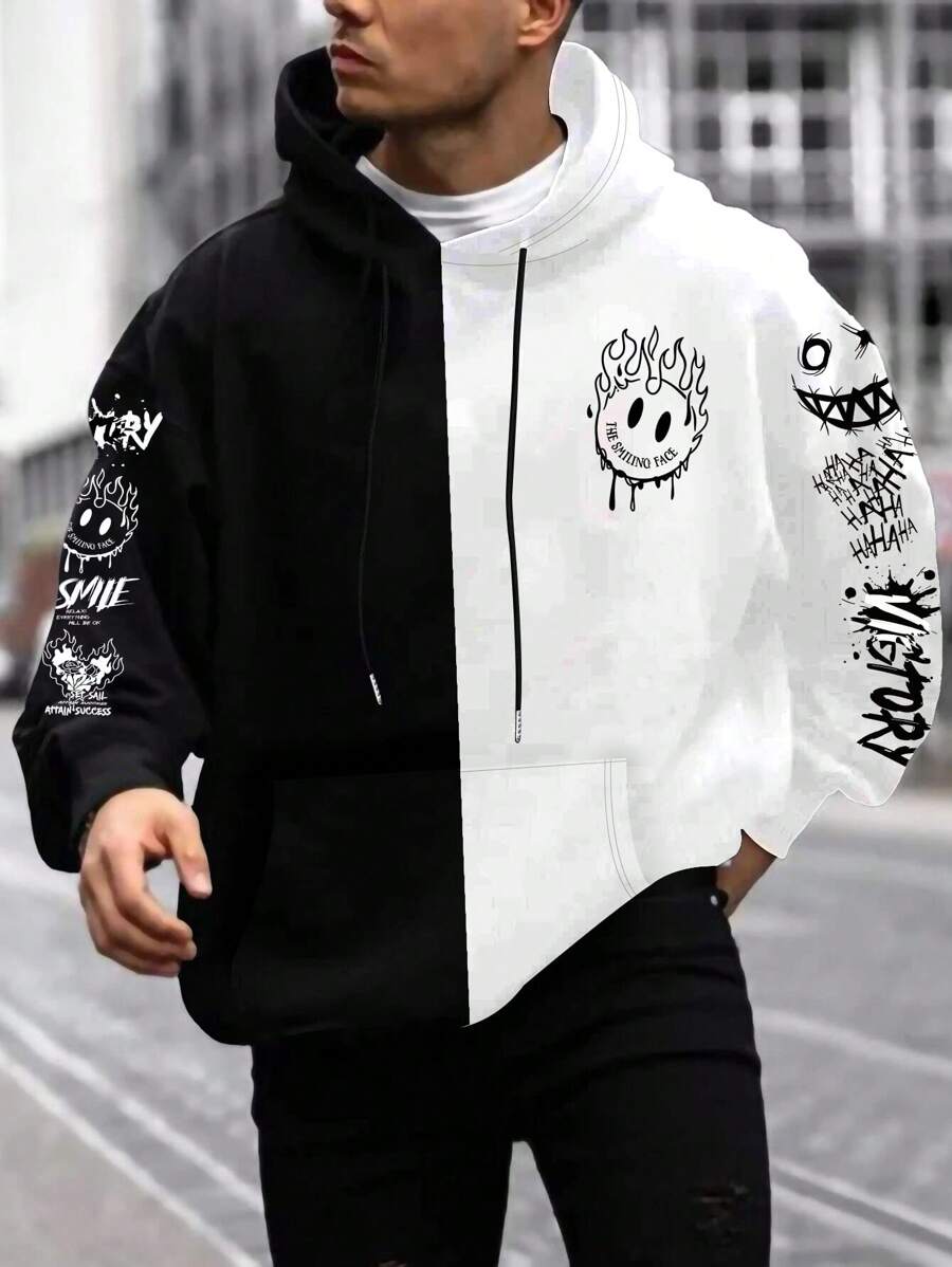 Manfinity EMRG Nam Plus Hai âm Hình ảnh hoạt hình khuôn mặt và chữ cái Dây rút Hoodie - Đen và trắng - Xem 1