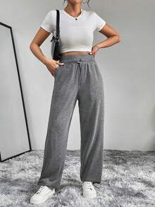 SHEIN Essnce 女士單色束口腰運動褲 - 灰色 - 查看 6