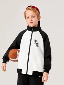 SHEIN Bộ 2 quần áo dệt kim in họa tiết tương phản cổ đứng tay áo có khóa kéo và quần màu trơn cho bé trai tuổi mới lớn, lót nhiệt, dày - màu đen - Xem 9