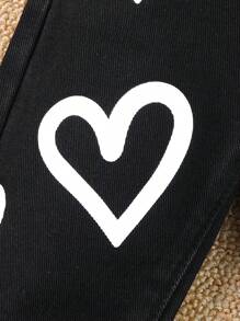 Baby Girl Heart Print Elastic Waist Jeans - Black - View 5