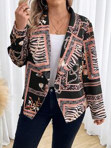 SHEIN Franclia 大碼鏈條和圍巾圖案青果領西裝外套 - 黑色 - 查看 4