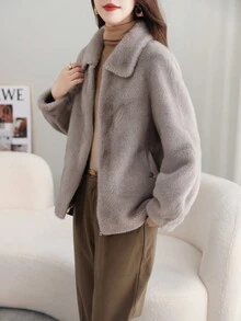 Solid Zip Up Fuzzy Coat - Grey - View 5