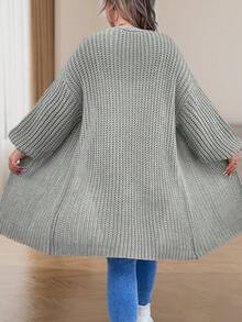SHEIN LUNE Áo khoác cardigan thả vai cỡ lớn - Xám - Xem 2