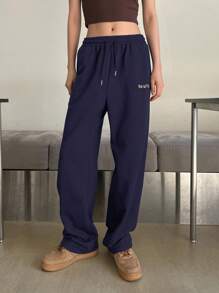 DAZY Embroidery Letter Pattern Drawstring Waist Slant Pocket Sweatpants,Women Joggers - Navy Blue - View 5