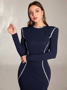 Modelyn Contrast Binding Bodycon Dress - Navy Blue - View 5