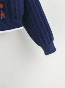 SHEIN Tween Girl Floral Embroidery Cable Knit Drop Shoulder Cardigan - Navy Blue - View 3