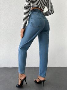 EURMUSE Paperbag Waist Mom Fit Jeans - Medium Wash - View 2