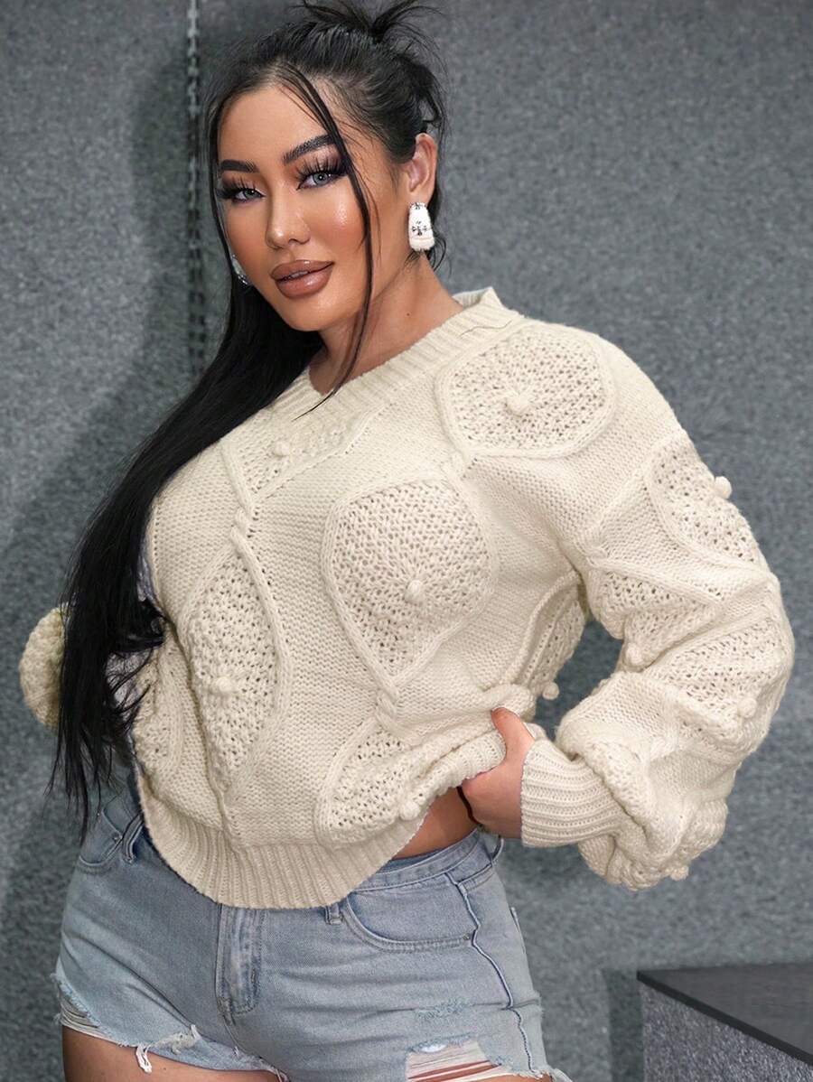 SHEIN SXY Chất rắn Pom Pom Thả vai Áo len - Màu be - Xem 1