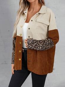 EMERY ROSE Leopard Print Colorblock Drop Shoulder Corduroy Coat - Multicolor - View 4