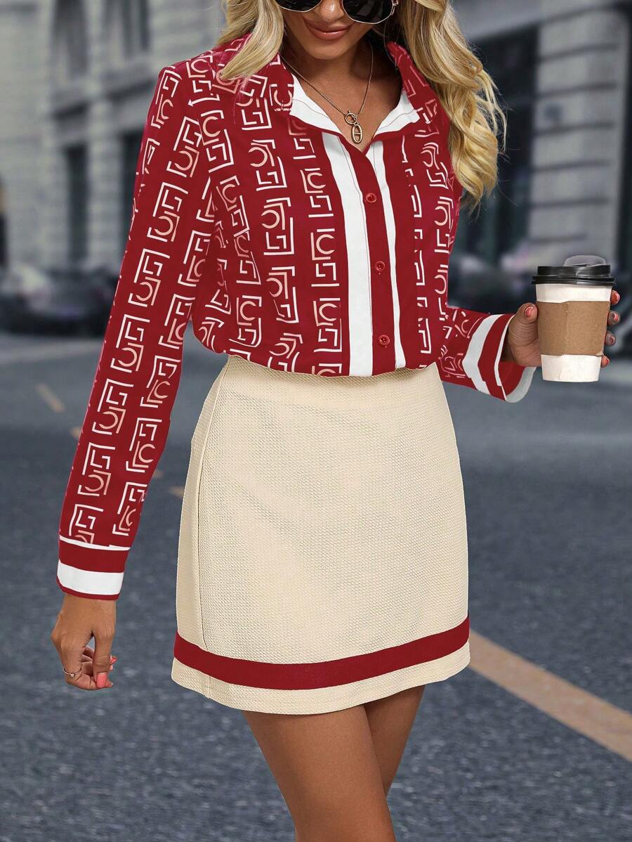 SHEIN Clasi Letter Graphic Shirt & Skirt - Burgundy - View 1
