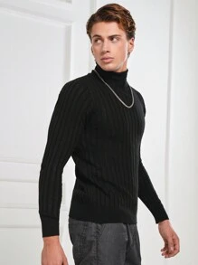 EURMUSE Men's Solid Color Turtleneck Long Sleeve Casual Pullover Sweater, Autumn/Winter - Black - View 6