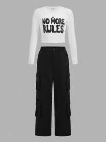 Tween Girl Slogan Graphic Crop Tee & Flap Pocket Pants