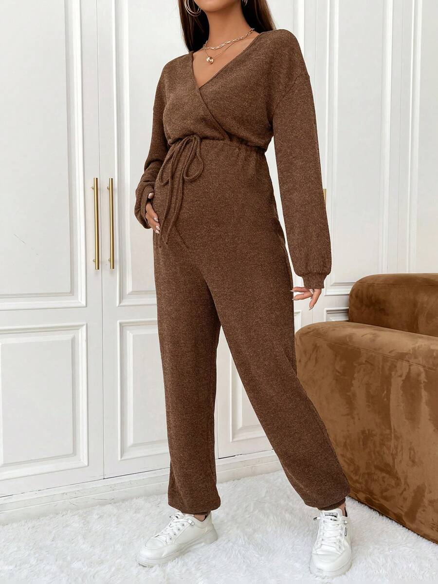 SHEIN Thai sản Surplice cổ Nút phía trước Áo liền quần - màu nâu - Xem 1