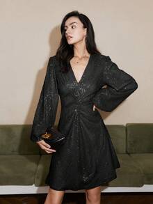 Lantern Sleeve Ruched Sequin Dress - Black - View 4