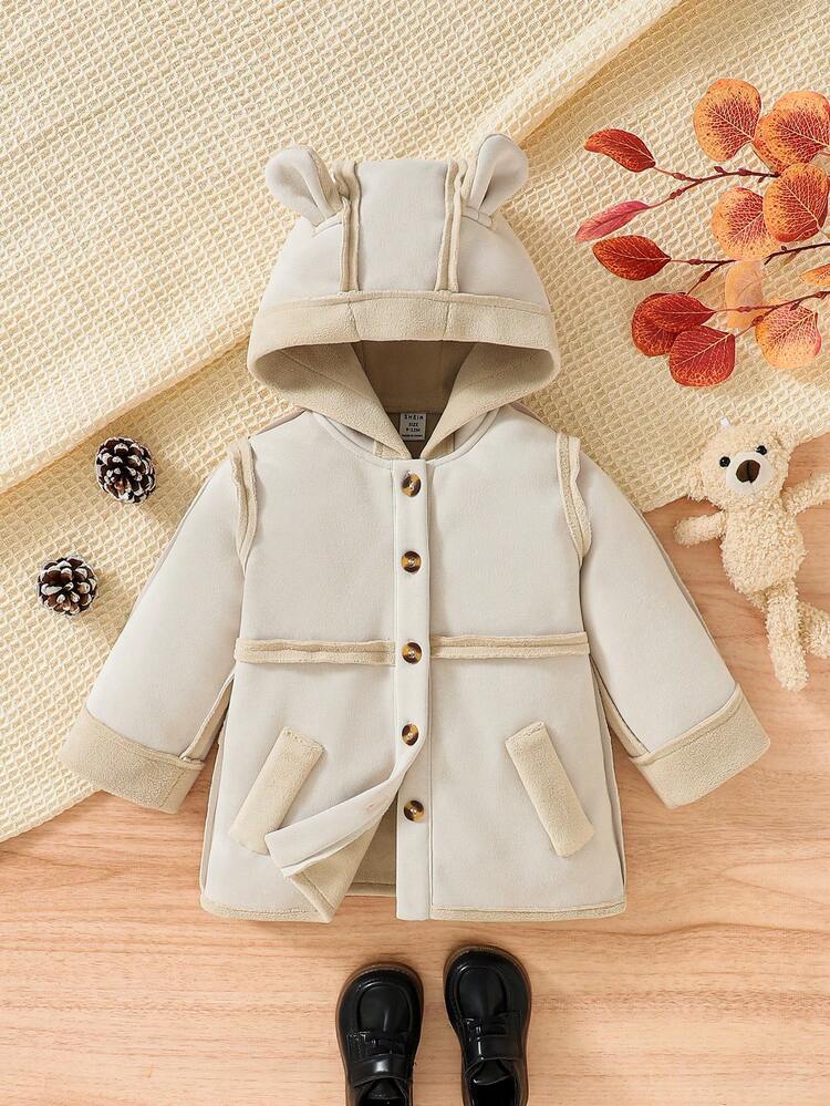Baby Boy Contrast Binding 3D Ears Design Hooded Coat