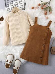 Young Girl Mock Neck Tee & Button Front Overall Dress