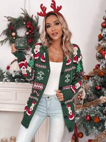 Chiquease Mẫu giáng sinh Thả vai Áo len Mở - màu xanh lá - Xem 6