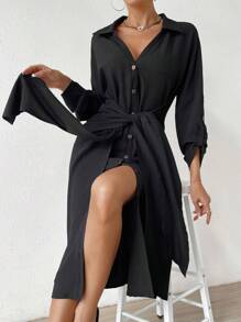 Chiquease Tay áo cuộn Nút phía trước Váy sơ mi - màu đen - Xem 1