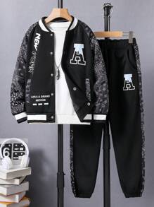 男大童佩斯利印花飛行員夾克和運動褲不帶T恤 - 黑色 - 查看 1