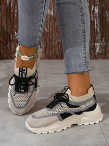 Women Fashion Print Sneakers Comfortable Versatile Breathable Beige Thick Sole Hiking Shoes, Casual Platform Vulcanized Shoes, Thick Sole Low-Top Chunky Sneakers, Fashion Print Student Shoes, Loafers, Breathable Running Shoes, Hiking Shoes, Lightweight Non-Slip Lace-Up Casual White Shoes - Beige - View 6