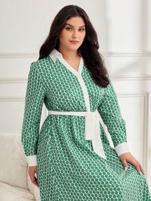 Mulvari 大碼滿版印花腰帶襯衫洋裝 - 藍色 - 查看 5