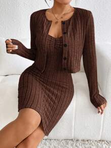 SHEIN Essnce Solid Button Front Cami Bodycon Dress & Jacket - Coffee Brown - View 6