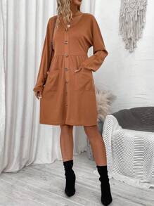 SHEIN LUNE 雙口袋落肩袖前紐扣洋裝 - 棕色 - 查看 3