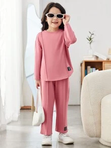 Young Girl Letter Patched Detail Tee & Seam Front Pants - Pink - View 4