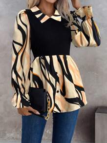 SHEIN Clasi Graphic Print Flounce Sleeve Knot Front Peplum Top - Apricot - View 5