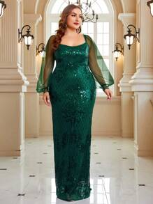 SHEIN Belle Plus Contrast Mesh Lantern Sleeve Sequin Formal Dress - Dark Green - View 6