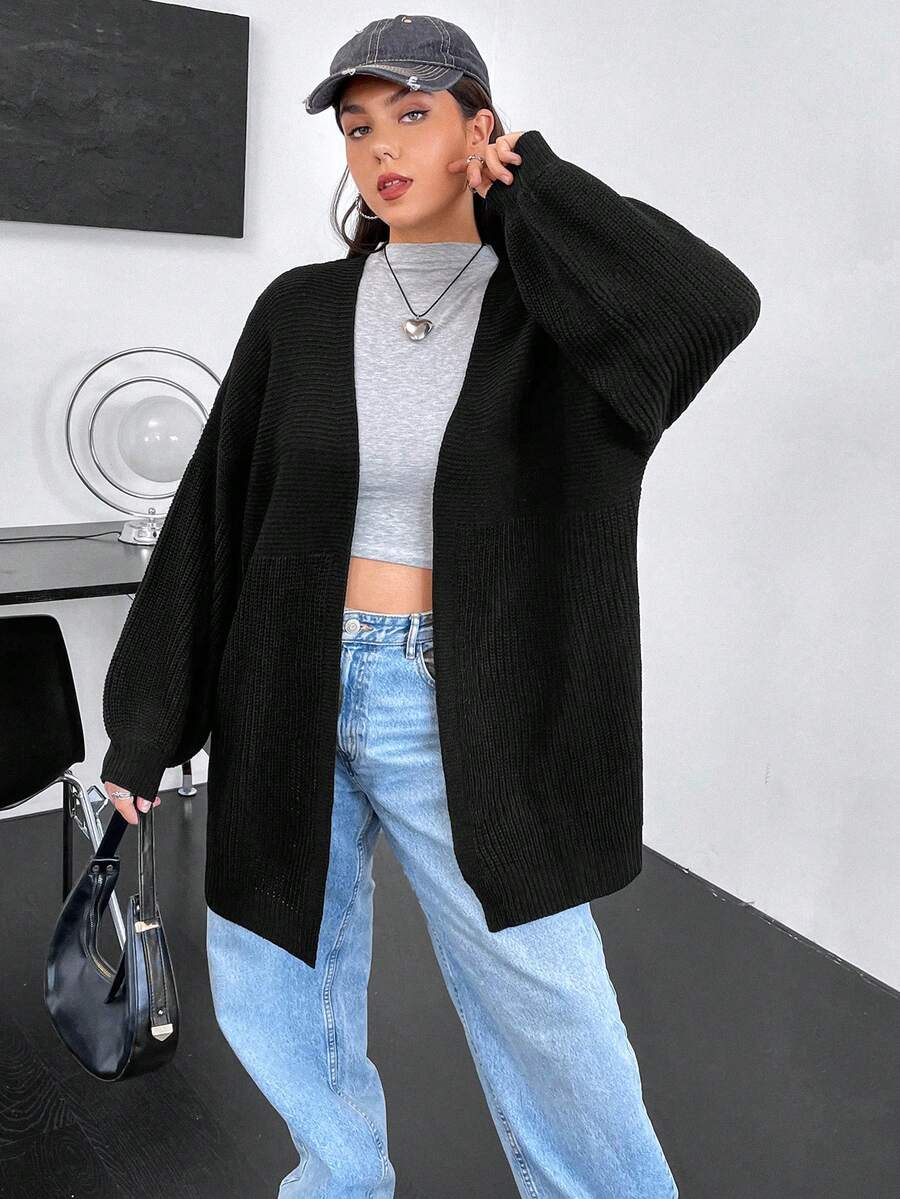 Flirla Hơn Thả vai Áo len Duster - màu đen - Xem 1