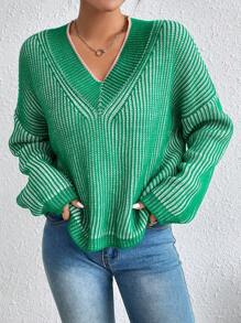 SHEIN Essnce Mẫu sọc Thả vai Áo len - màu xanh lá - Xem 4