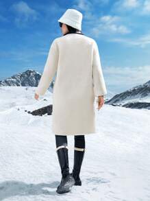 SHEIN LUNE Contrast Collar Duffle Fuzzy Coat Fall Cloth For Women - Black and White - View 2