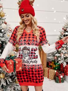 SHEIN LUNE Christmas Print Raglan Sleeve Dress For New Year Clothes