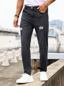 Manfinity Homme Men Ripped Frayed Straight Leg Jeans - Black - View 4
