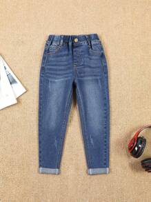 男童斜口袋貓爪牛仔褲 - 深色水洗藍 - 查看 1