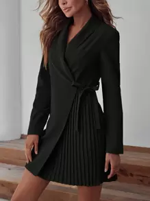 SHEIN LUNE Shawl Collar Pleated Detail Knot Side Wrap Dress,Business Casual Woman