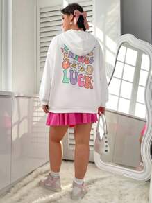 SHEIN EZwear 女款大尺碼字母印花連帽落肩運動衫 - 白色 - 查看 3