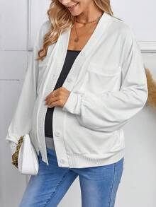 SHEIN Thai sản Thả vai Túi có nắp Nút phía trước Áo khoác - Màu be - Xem 5