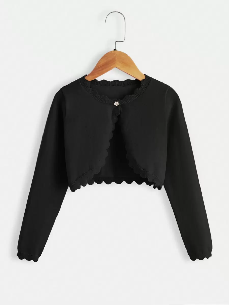 SHEIN 女大童貝殼邊單釦開襟衫 - 黑色 - 查看 1