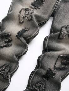 男大童字母貼布牛仔褲 - 深灰色 - 查看 6