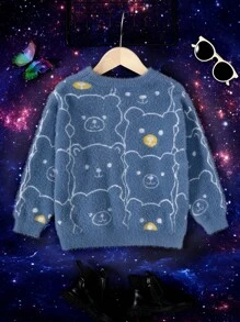 SHEIN Young Girl Bear Pattern Fluffy Sweater - Blue - View 2