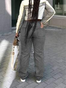 Women Distressed High Waist Pants With Pockets, Retro Streetwear Style - Grey - View 2