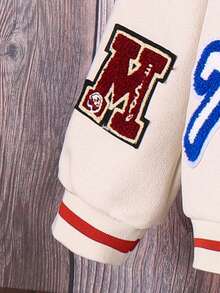 SHEIN Tween Girl Letter Graphic Striped Trim Varsity Jacket Without Sweater - Apricot - View 4