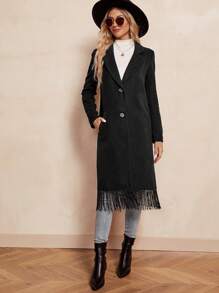 SHEIN Clasi Lapel Neck Fringe Hem Overcoat - Black - View 6