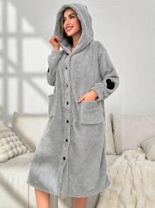 Heart Pattern Dual Pocket Hooded Flannel Lounge Robe, Cozy Outfit - Grey - View 1