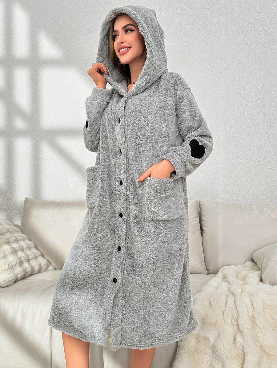 Heart Pattern Dual Pocket Hooded Flannel Lounge Robe, Cozy Outfit - Grey - View 1