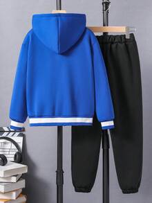 男大童字母圖案拼接邊連帽夾克和運動褲不帶T恤 - 彩色 - 查看 2