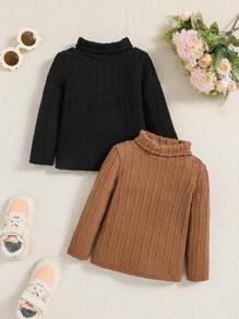 SHEIN Baby Girl 2pcs Turtleneck Cable Knit Tee - Grey - View 1