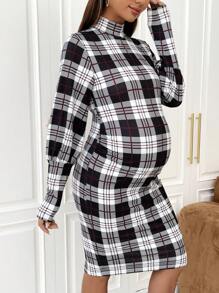 SHEIN Thai sản In kẻ sọc Cổ giả Váy bodycon - màu đen - Xem 1